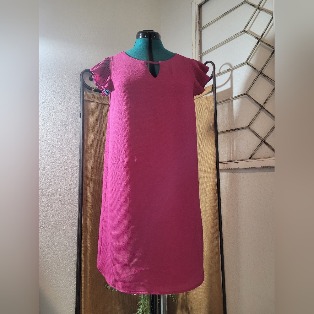 She + Sky Pink Fuschia Midi Dress with Ruffle Cap Sleeves Size Medium